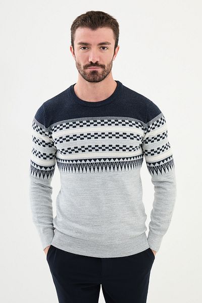Mcr Patterned Slim Fit Crew Neck Men's Knitwear Sweater Gray - 11513.24K