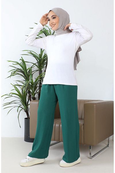 sefamerve Παντελόνι με φαρδύ πόδι Emerald Green Aerobin Fabric - 1006-20