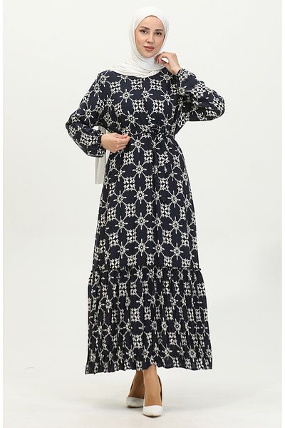 sefamerve Φόρεμα Amelya Navy Viscose - Διακριτικό και φύλλο, Plus Size 4588G-01