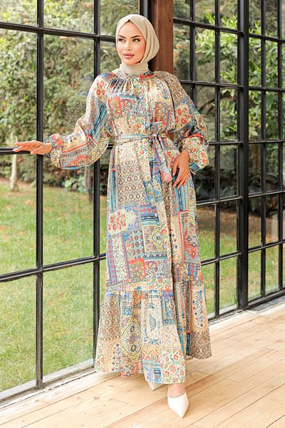 ModaMerve Indigo Ethnic Patterned Dress - Ant552