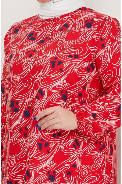 sefamerve Red Patterned Plus Size Dress - 0710-03