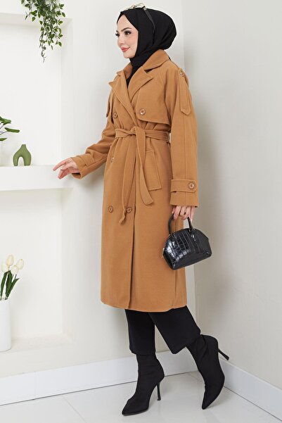 hafsamina Camel Coloured Double Breasted Coat - Buttoned and Belted, Hm2603