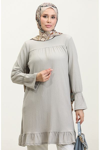 sefamerve Gray Tunic - Wrapped FaBric, Gathered Skirt 0404DA-05