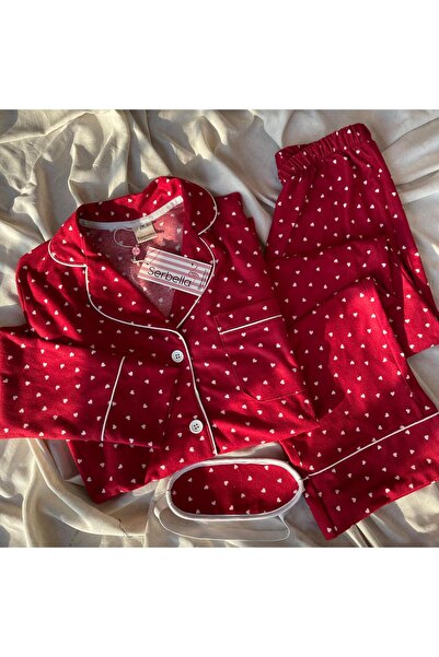 Serbella Red Heart Patterned Knitted Flannel Pajama Set