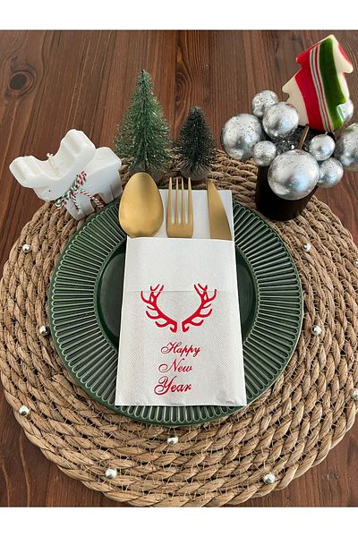 kidspartim Little Deer Horn Napkin with Red Gilded White Pocket 12 Pieces 40X40