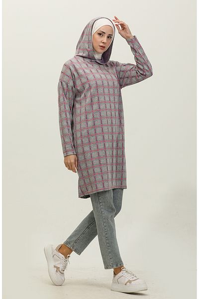 sefamerve Jacquard Hooded Winter Tunic 8703-01 - Gray Purple