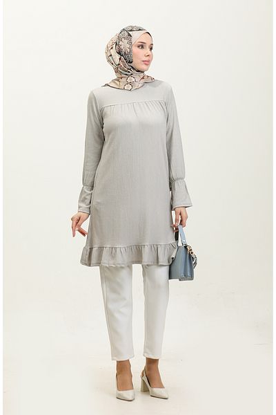 sefamerve Gray Tunic - Wrapped FaBric, Gathered Skirt 0404DA-05