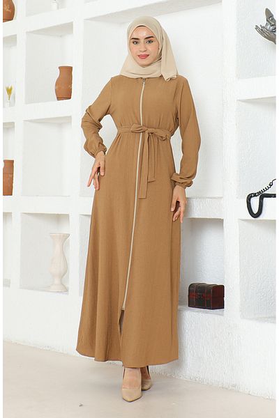 sefamerve Milk Coffee Colored Wrap Fabric Belted Ferace 1019-02