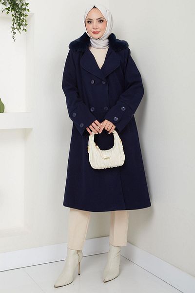 hafsamina Παλτό Navy Blue Stamp - Λεπτομερής γιακάς από γούνα, HM2583