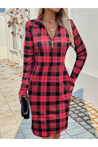 Moka Shopin Mokashopin Women's Long Sleeve Zipped Plaid Printed Diving Dress