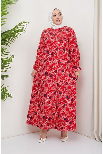 sefamerve Red Patterned Plus Size Dress - 0710-03