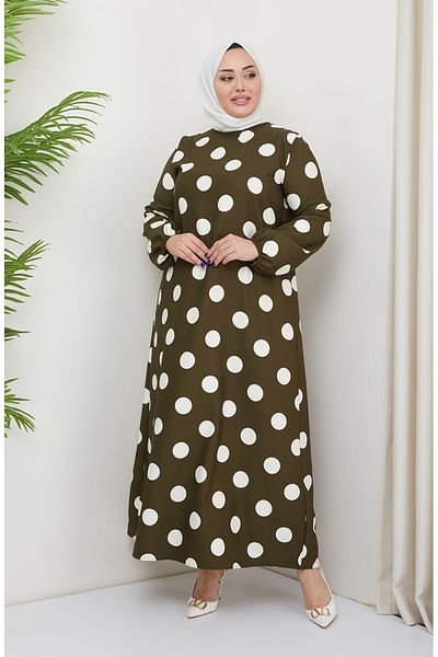 sefamerve Φόρεμα Χακί Plus Size Πουά - 0708-01