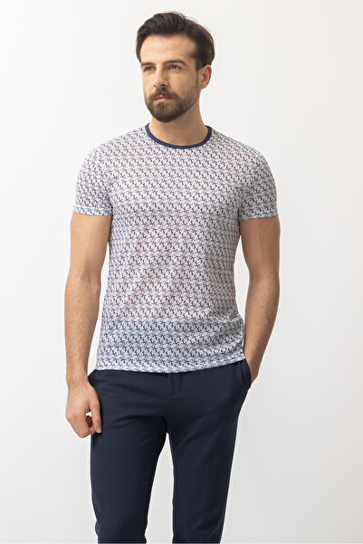 Mcr Смугаста футболка Slim Fit з велосипедним коміром для чоловіків, екрю-син...