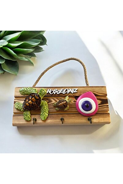 NADİR Ahşap Duvar Dekoru Hoşgeldin Anahtar Askısı Pembe Nazar Boncuklu