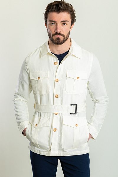 Mcr Straight Slim Fit Bag Pocket Shirt Collar Belted Linen Men's Trenchcoat Ecru - 21272.23Y