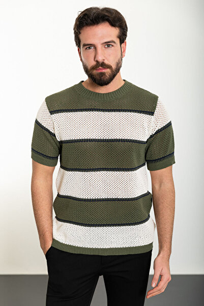 Mcr Горизонтально смугаста футболка Slim Fit з велосипедним коміром для чоловіків, хакі - 11495.24Y