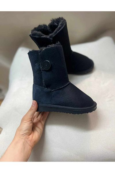 HS HAKAN SPOR Children's Black Single Button Furry Fur Lined Wool Boots (Please 1 No Large)
