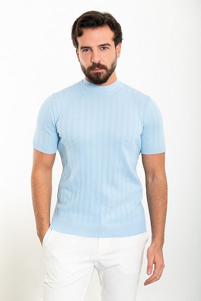 Mcr Tricou tricot pentru bărbați, albastru, slim fit, cu jumătate de gât