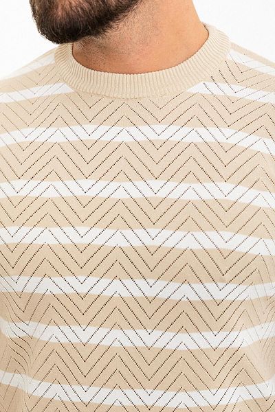Mcr Horizontal Striped Slim Fit Crew Neck Men's Knitwear T-Shirt Beige - 11478.24Y