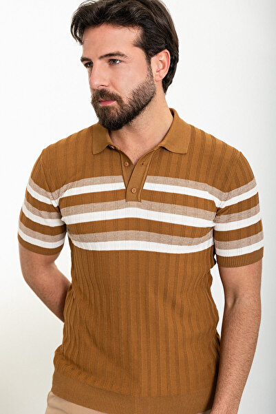 Mcr Смугаста футболка Slim Fit з поло-коміром для чоловіків, камел - 11487.24Y