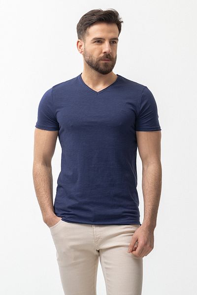 Mcr Patterned Slim Fit V-Neck Basic Men's T-Shirt Navy Blue - 36360.17Y
