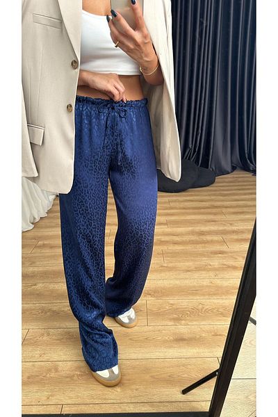 Camp Store Blue Leopard Print Women's Satin Trousers - Elastic Waist