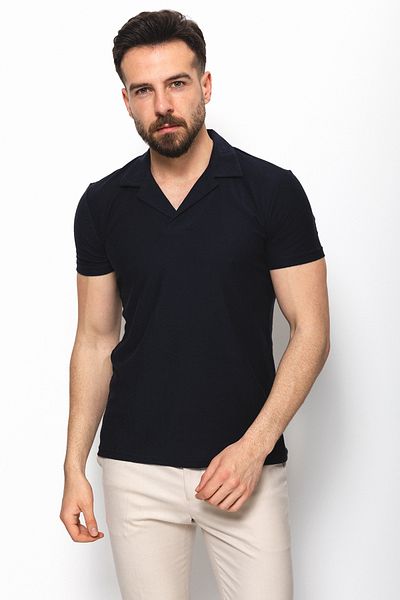 Mcr Patterned Navy Blue Slim Fit Apple Collar Men's T-shirt