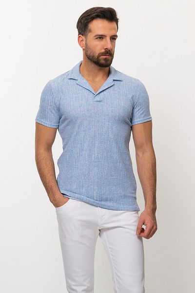 Mcr Patterned Slim Fit Lapel Collar Men's T-Shirt Blue - 36691.22Y