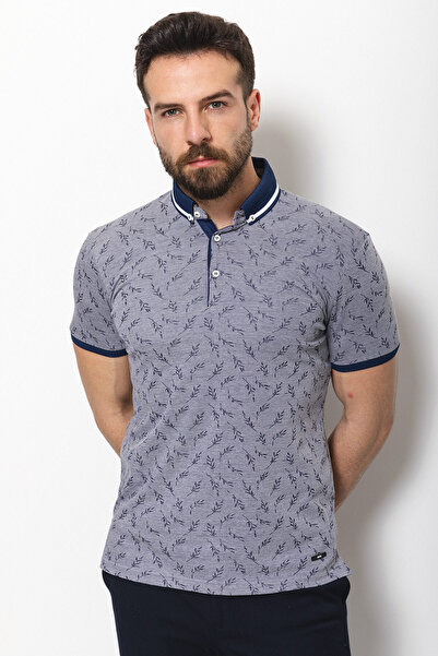 Mcr Ανδρικό μπλουζάκι με λουλουδάτο σχέδιο, λεπτή εφαρμογή, γιακά πόλο, μπλε ναυτικό - 36635.21Y