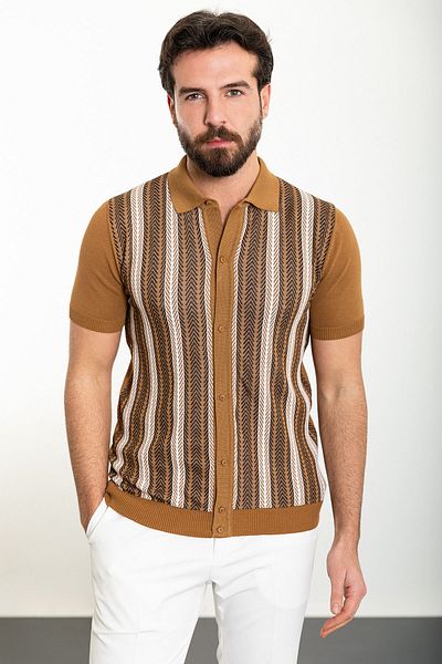 Mcr Patterned Slim Fit Polo Collar Men's Knitwear Shirt Camel - 11480.24Y