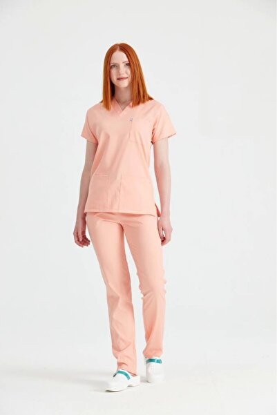 Moodamedikal Somon Tek Renkli Likralı Kumaş Cerrahi Takım V Yaka Forma