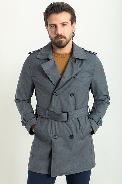 Mcr Straight Slim Fit Double Breasted Belted Men's Trenchcoat Anthracite - 21270.23Y