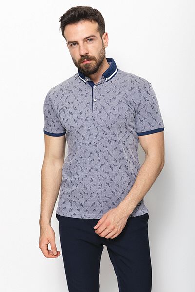 Mcr Polo Collar Navy Blue Leaf Patterned T-Shirt