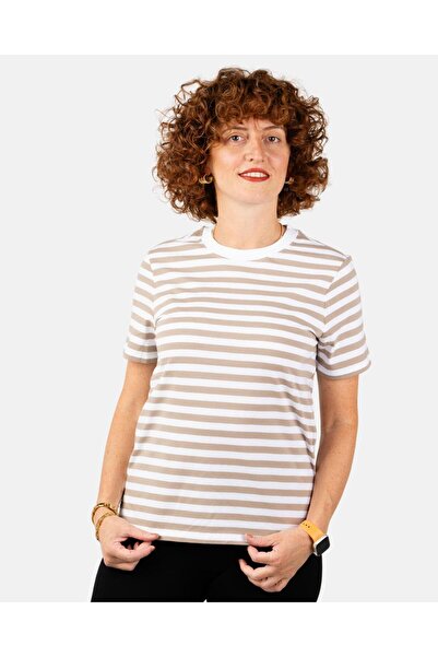 Portakal Esintisi Βασικό μπεζ ριγέ γυναικείο μπλουζάκι από βαμβάκι