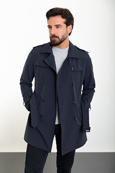 Mcr Düz Slim Fit Kemerli Kruvaze Erkek Trenchcoat Lacivert - 21300.24Y