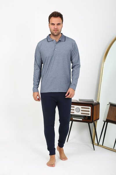 Mestore Fashion Stripe Men's Polo Collar Long Sleeve Combed Cotton Pajama Set...