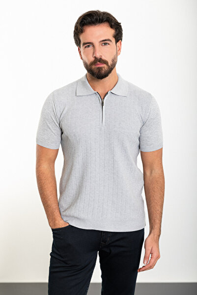 Mcr Смугаста футболка з коміром-поло та блискавкою, slim fit, чоловіча трикотажна футболка, сіра - 11472.24Y