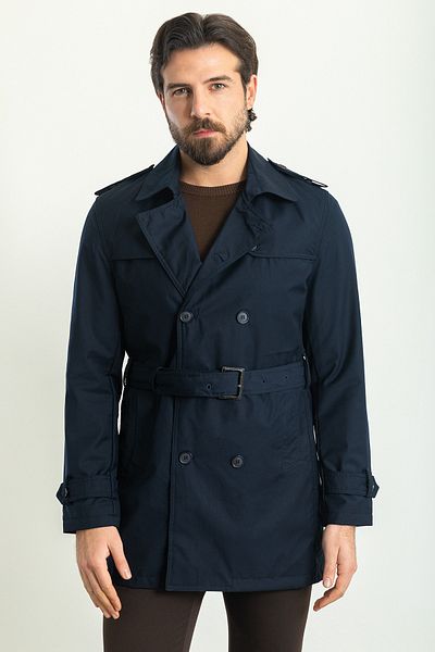 Mcr Straight Slim Fit Double Breasted Belted Men's Trenchcoat Navy Blue - 21270.23Y
