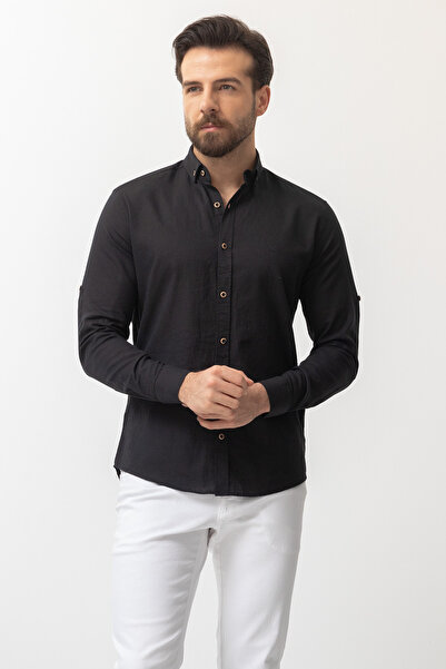 Mcr Plain Slim Fit Basic Linen Men's Shirt Black - 37356.21Y
