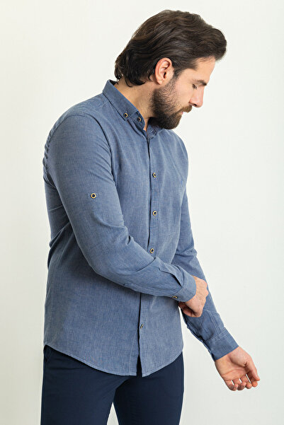 Mcr Plain Slim Fit Basic Linen Men's Shirt Indigo - 37356.21Y