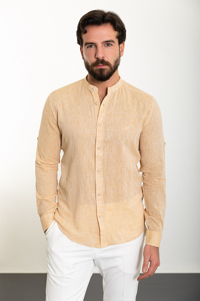 Mcr Прямий Slim Fit Суддівський комір Базовий Лляний Чоловічий сорочка Жовтий...