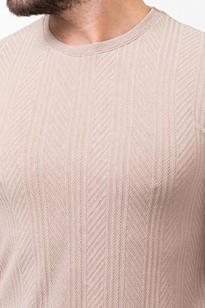 Mcr Ανδρικό μπλουζάκι με ριγέ σχέδιο Slim Fit Crew Neck Beige - 36791.23Y