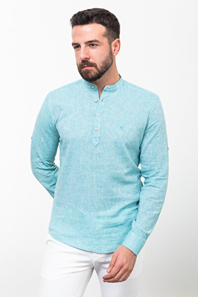 Mcr Смугаста сорочка Slim Fit з коміром-стійкою з льону для чоловіків, бірюзо...