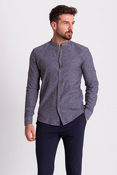 Mcr Straight Slim Fit Judge Collar Basic Linen Men's Shirt Anthracite - 37340.21Y