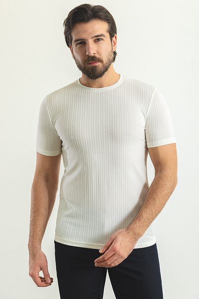 Mcr Tricou bărbați cu dungi Slim Fit Crew Neck Ecru - 36787.23y