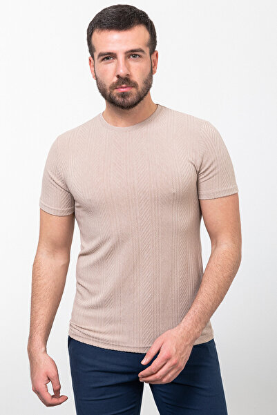 Mcr Ανδρικό μπλουζάκι με ριγέ σχέδιο Slim Fit Crew Neck Beige - 36791.23Y