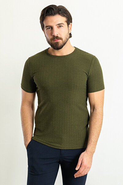 Mcr Ανδρικό μπλουζάκι με ριγέ λεπτή εφαρμογή Crew Neck Khaki - 36787.23Y