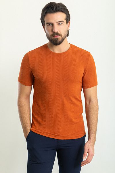 Mcr Stripe Patterned Slim Fit Crew Neck Men's T-Shirt Tile - 36791.23Y