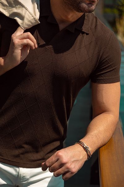 Mcr Checkered Patterned Slim Fit Lapel Collar Men's T-Shirt Brown - 36788.23Y