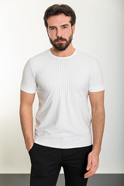 Mcr Смугаста футболка Slim Fit з велосипедним коміром для чоловіків, екрю - 3...